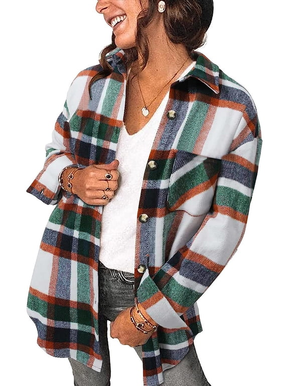 Womens Plaid Shirts Flannel Shacket Jacket Long Sleeve Button Down Boyfriend Shirt Coats