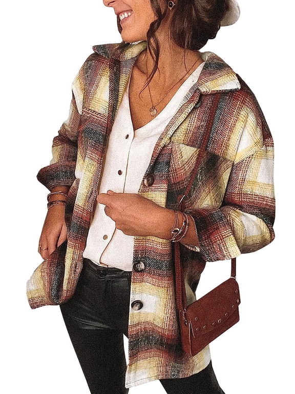 Womens Plaid Shirts Flannel Shacket Jacket Long Sleeve Button Down Boyfriend Shirt Coats