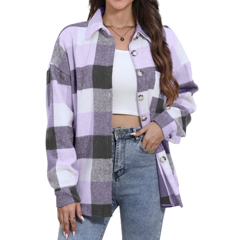 Fantaslook Womens Plaid Shirts Flannel Shacket Jacket Long Sleeve Button Down Boyfriend Shirt Coats