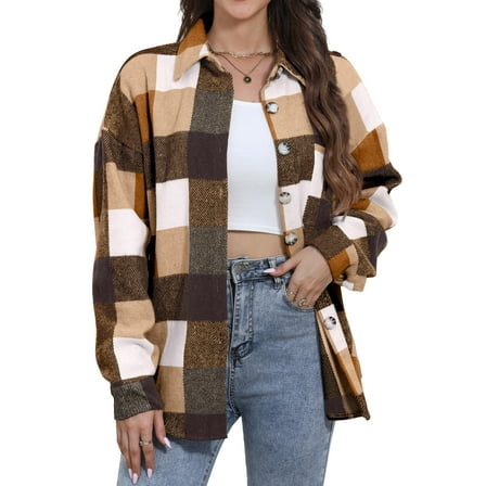 Fantaslook Womens Plaid Shirts Flannel Shacket Jacket Long Sleeve Button Down Boyfriend Shirt Coats