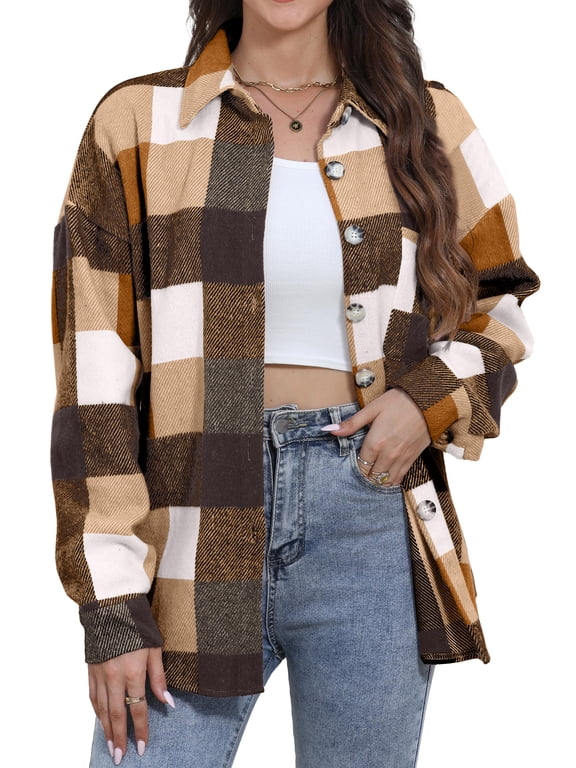 Womens Plaid Shirts Flannel Shacket Jacket Long Sleeve Button Down Boyfriend Shirt Coats