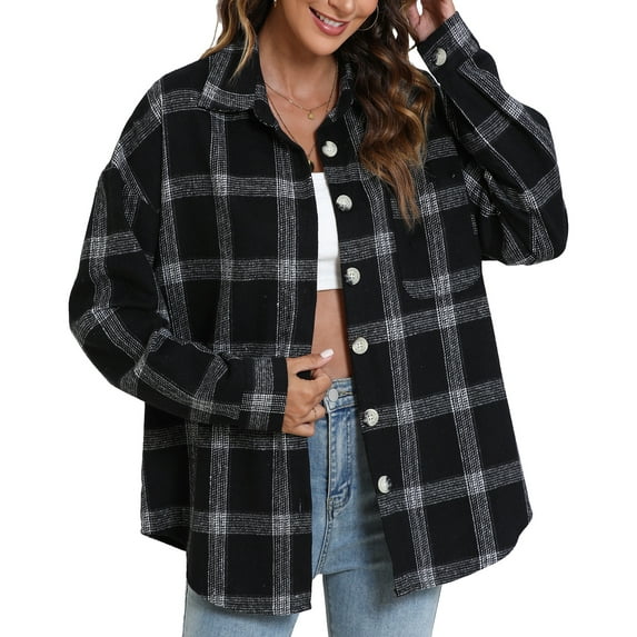 Fantaslook Womens Plaid Shirts Flannel Shacket Jacket Long Sleeve Button Down Shirts Blouses Tops