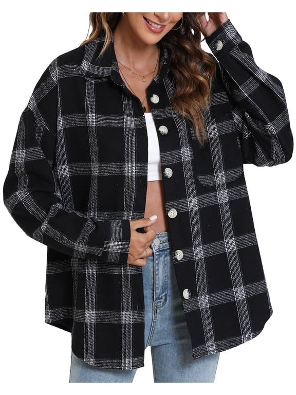 Womens Plaid Shirts Flannel Shacket Jacket Long Sleeve Button Down Shirts Blouses Tops