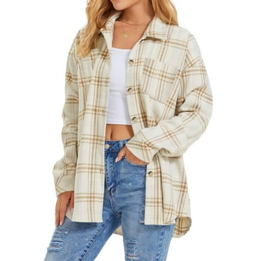 Fantaslook Womens Plaid Shirts Flannel Shacket Jacket Long Sleeve Button Down Shirts Blouses Tops
