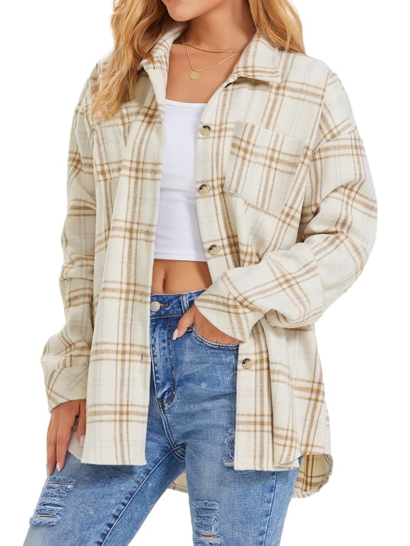 Womens Plaid Shirts Flannel Shacket Jacket Long Sleeve Button Down Shirts Blouses Tops