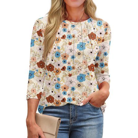 Fantaslook Womens Plus Size Tops 3/4 Sleeve Pleated Dressy Blouses Crew Neck Casual Tunic Tops Summer Shirts