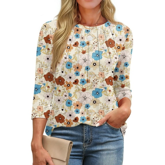 Fantaslook Womens Plus Size Tops 3/4 Sleeve Pleated Dressy Blouses Crew Neck Casual Tunic Tops Summer Shirts