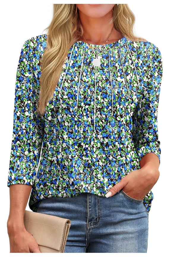 Womens Plus Size Tops 3/4 Sleeve Pleated Dressy Blouses Crew Neck Casual Tunic Tops Summer Shirts