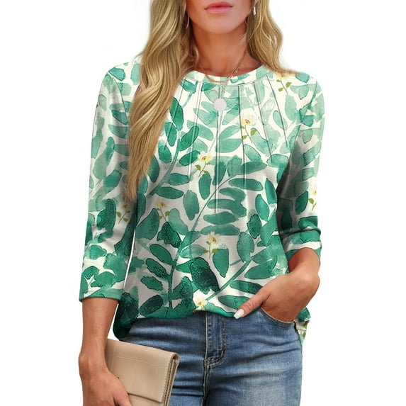 Fantaslook Womens Plus Size Tops 3/4 Sleeve Pleated Dressy Blouses Crew Neck Casual Tunic Tops Summer Shirts
