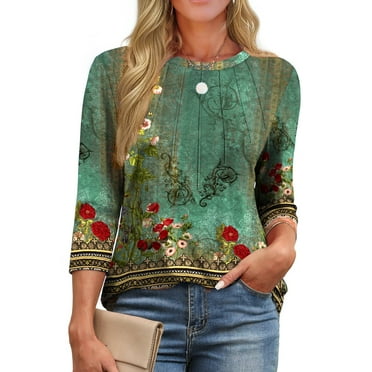 Fantaslook Womens Plus Size Tops 3/4 Sleeve Pleated Dressy Blouses Crew Neck Casual Tunic Tops Summer Shirts