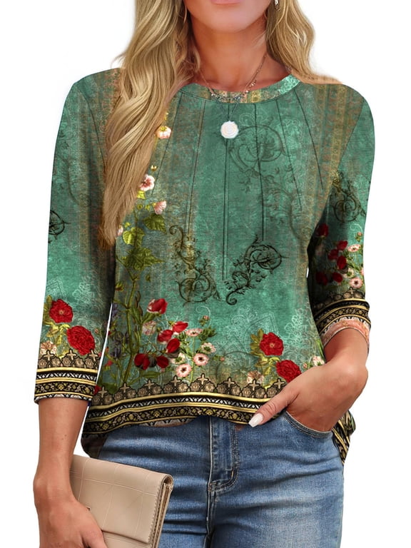 Womens Plus Size Tops 3/4 Sleeve Pleated Dressy Blouses Crew Neck Casual Tunic Tops Summer Shirts