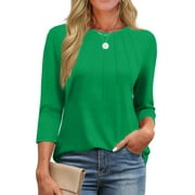 Fantaslook Womens Plus Size Tops 3/4 Sleeve Pleated Dressy Blouses Crew Neck Casual Tunic Tops Summer Shirts