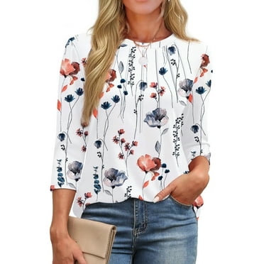 Fantaslook Womens Plus Size Tops 3/4 Sleeve Pleated Dressy Blouses Crew Neck Casual Tunic Tops Summer Shirts