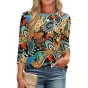 Fantaslook Womens Plus Size Tops 3/4 Sleeve Pleated Dressy Blouses Crew Neck Casual Tunic Tops Summer Shirts