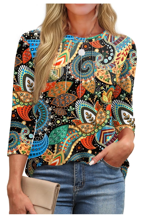 Womens Plus Size Tops 3/4 Sleeve Pleated Dressy Blouses Crew Neck Casual Tunic Tops Summer Shirts