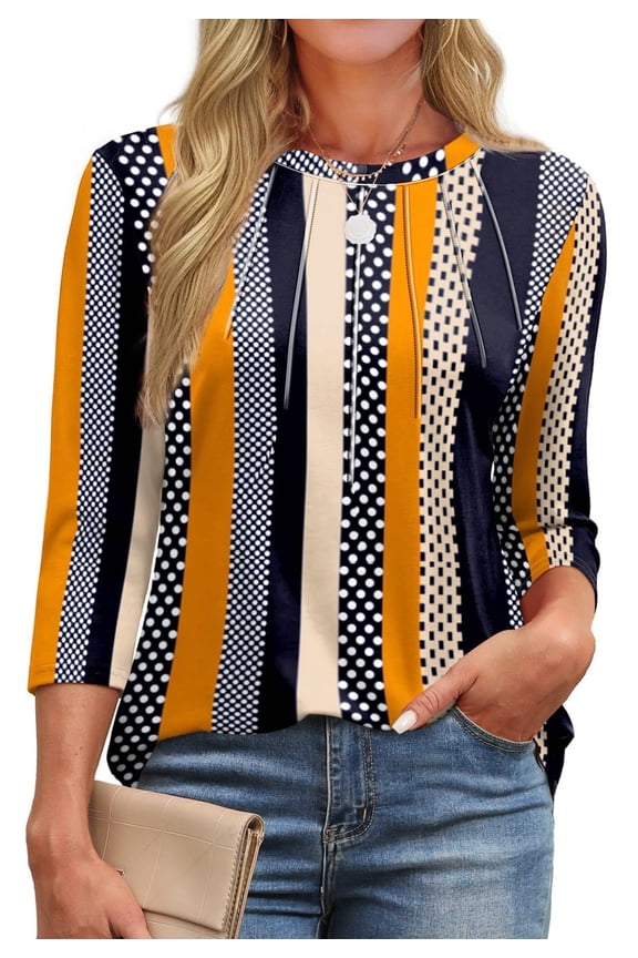 Womens Plus Size Tops 3/4 Sleeve Pleated Dressy Blouses Crew Neck Casual Tunic Tops Summer Shirts