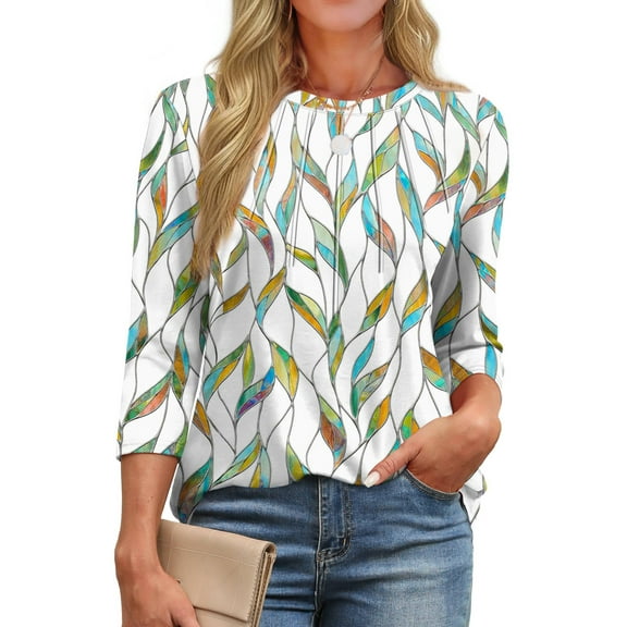 Fantaslook Womens Plus Size Tops 3/4 Sleeve Pleated Dressy Blouses Crew Neck Casual Tunic Tops Summer Shirts