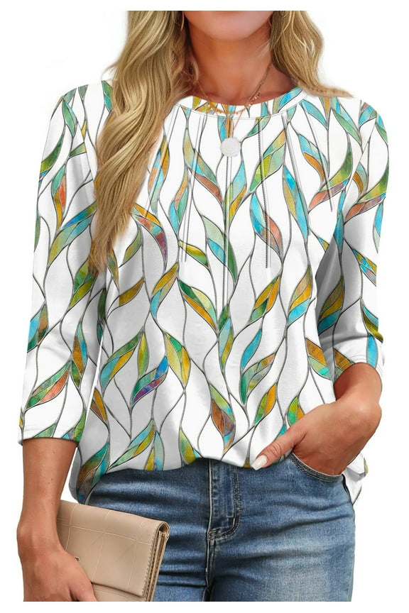 Womens Plus Size Tops 3/4 Sleeve Pleated Dressy Blouses Crew Neck Casual Tunic Tops Summer Shirts