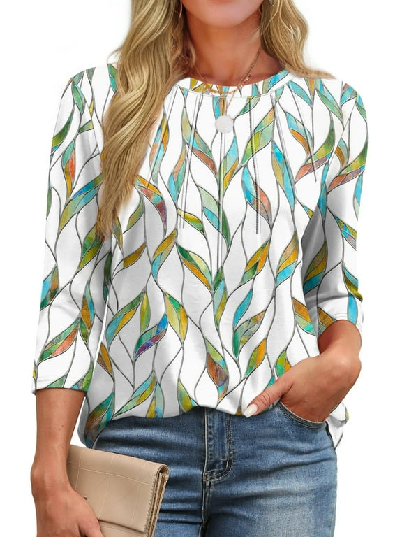 Womens Plus Size Tops 3/4 Sleeve Pleated Dressy Blouses Crew Neck Casual Tunic Tops Summer Shirts