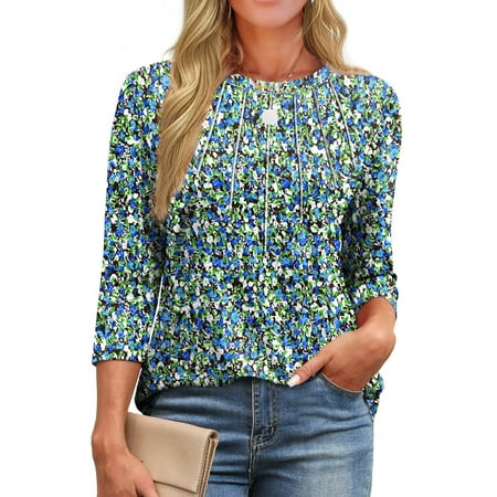 Fantaslook Womens Plus Size Tops 3/4 Sleeve Pleated Dressy Blouses Crew Neck Casual Tunic Tops Summer Shirts