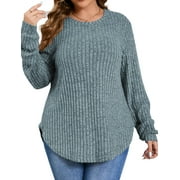 Fantaslook Womens Plus Size Tops Crewneck Long Sleeve Shirts Loose Tunic Tops Curved Hem Fall Pullover