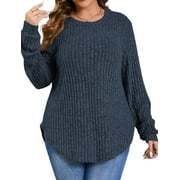 Fantaslook Womens Plus Size Tops Crewneck Long Sleeve Shirts Loose Tunic Tops Curved Hem Fall Pullover