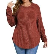 Fantaslook Womens Plus Size Tops Crewneck Long Sleeve Shirts Loose Tunic Tops Curved Hem Fall Pullover