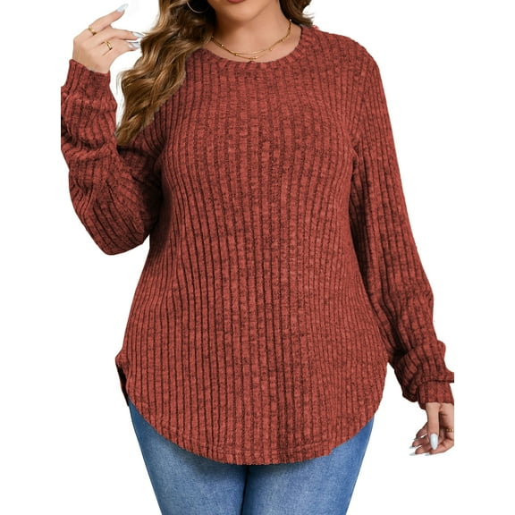 Fantaslook Womens Plus Size Tops Crewneck Long Sleeve Shirts Loose Tunic Tops Curved Hem Fall Pullover