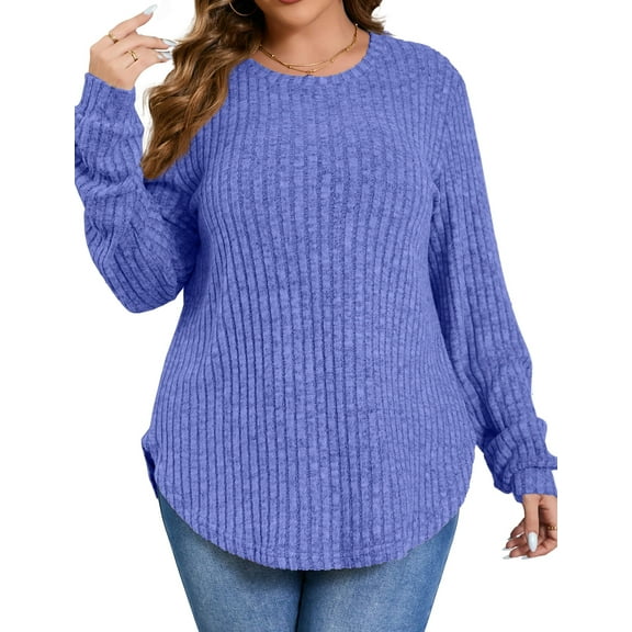 Fantaslook Womens Plus Size Tops Crewneck Long Sleeve Shirts Loose Tunic Tops Curved Hem Fall Pullover