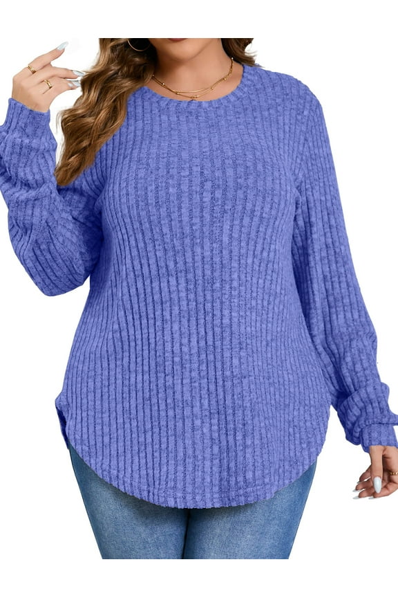 Womens Plus Size Tops Crewneck Long Sleeve Shirts Loose Tunic Tops Curved Hem Fall Pullover