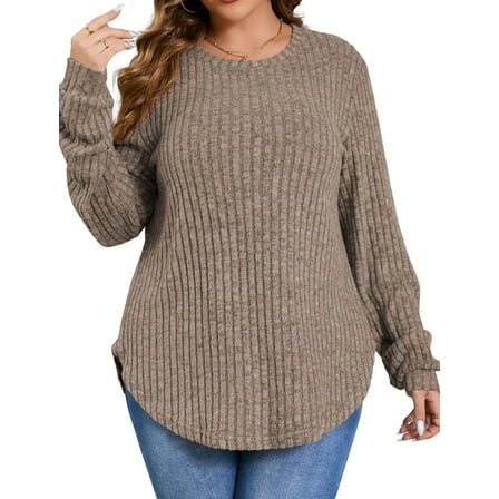 Fantaslook Womens Plus Size Tops Crewneck Long Sleeve Shirts Loose Tunic Tops Curved Hem Fall Pullover
