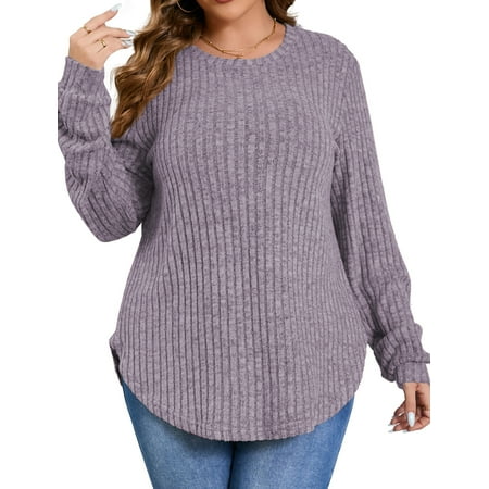 Fantaslook Womens Plus Size Tops Crewneck Long Sleeve Shirts Loose Tunic Tops Curved Hem Fall Pullover