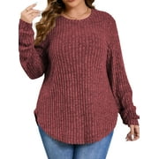 Fantaslook Womens Plus Size Tops Crewneck Long Sleeve Shirts Loose Tunic Tops Curved Hem Fall Pullover