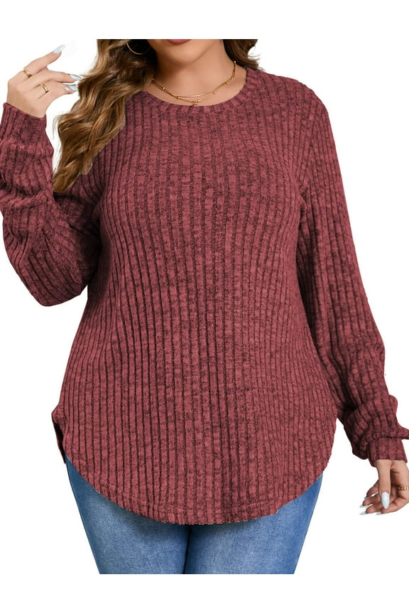 Womens Plus Size Tops Crewneck Long Sleeve Shirts Loose Tunic Tops Curved Hem Fall Pullover