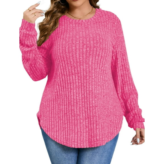 Fantaslook Womens Plus Size Tops Crewneck Long Sleeve Shirts Loose Tunic Tops Curved Hem Fall Pullover
