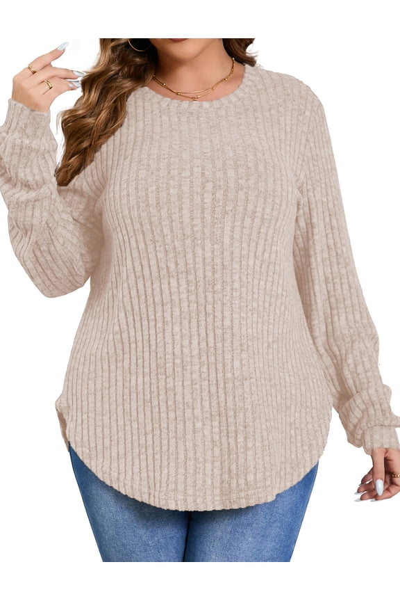 Womens Plus Size Tops Crewneck Long Sleeve Shirts Loose Tunic Tops Curved Hem Fall Pullover