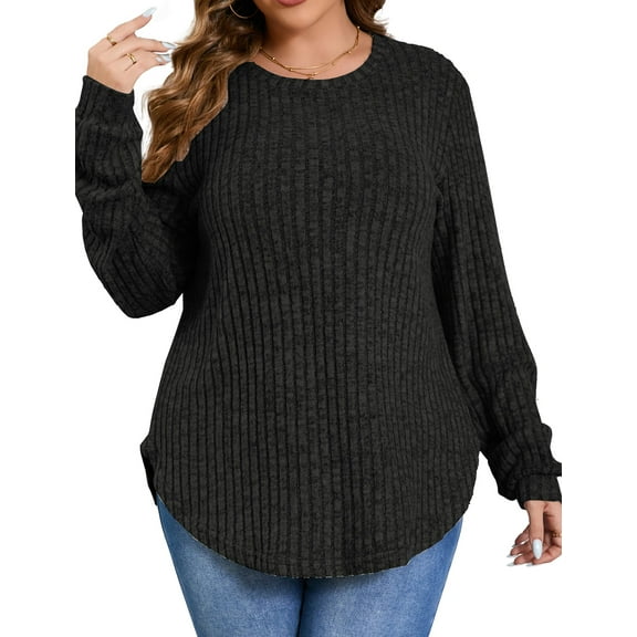 Fantaslook Womens Plus Size Tops Crewneck Long Sleeve Shirts Loose Tunic Tops Curved Hem Fall Pullover