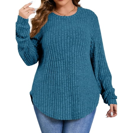 Fantaslook Womens Plus Size Tops Crewneck Long Sleeve Shirts Loose Tunic Tops Curved Hem Fall Pullover