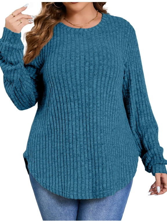 Womens Plus Size Tops Crewneck Long Sleeve Shirts Loose Tunic Tops Curved Hem Fall Pullover