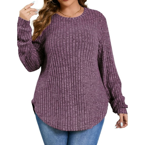 Fantaslook Womens Plus Size Tops Crewneck Long Sleeve Shirts Loose Tunic Tops Curved Hem Fall Pullover