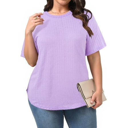 Fantaslook Womens Plus Size Tops Crewneck Short Sleeve Shirts Casual Loose Tunic Tops Curved Hem Summer Blouses