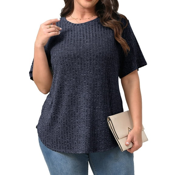 Fantaslook Womens Plus Size Tops Crewneck Short Sleeve Shirts Casual Loose Tunic Tops Curved Hem Summer Blouses