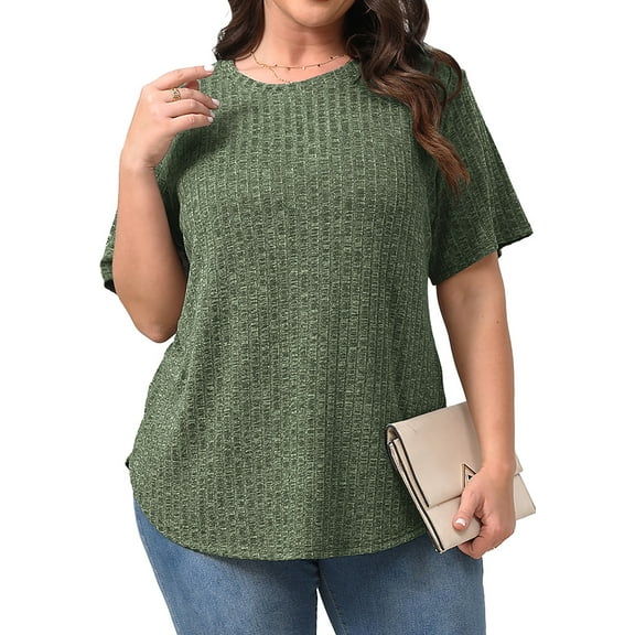 Fantaslook Womens Plus Size Tops Crewneck Short Sleeve Shirts Casual Loose Tunic Tops Curved Hem Summer Blouses