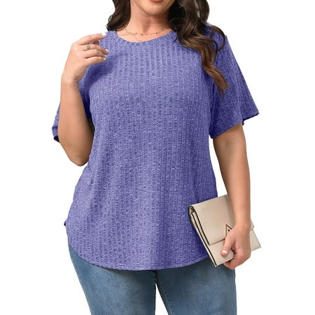 Fantaslook Womens Plus Size Tops Crewneck Short Sleeve Shirts Casual Loose Tunic Tops Curved Hem Summer Blouses