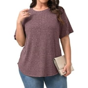 FANTASLOOK Womens Plus Size Tops Crewneck Short Sleeve Shirts Casual Loose Tunic Tops Curved Hem Summer Blouses