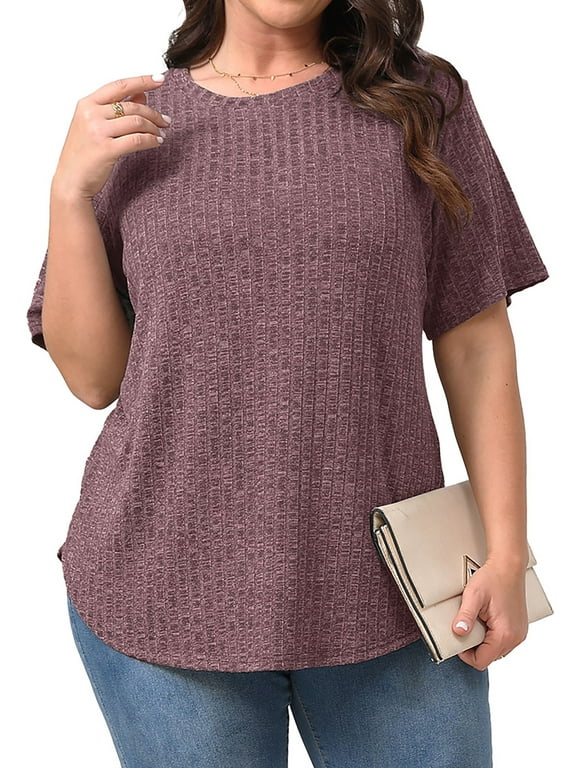 Womens Plus Size Tops Crewneck Short Sleeve Shirts Casual Loose Tunic Tops Curved Hem Summer Blouses