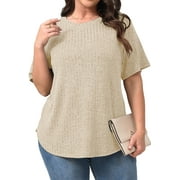 Fantaslook Womens Plus Size Tops Crewneck Short Sleeve Shirts Casual Loose Tunic Tops Curved Hem Summer Blouses