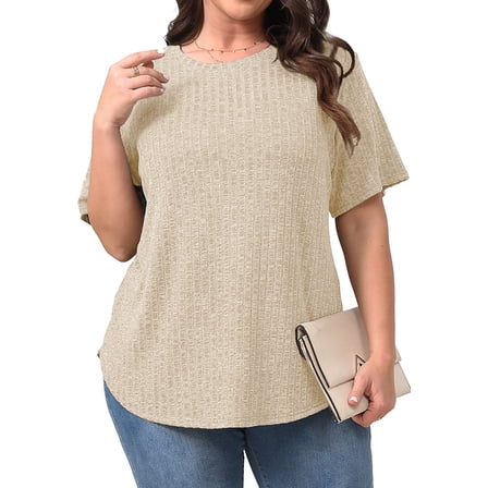 Fantaslook Womens Plus Size Tops Crewneck Short Sleeve Shirts Casual Loose Tunic Tops Curved Hem Summer Blouses