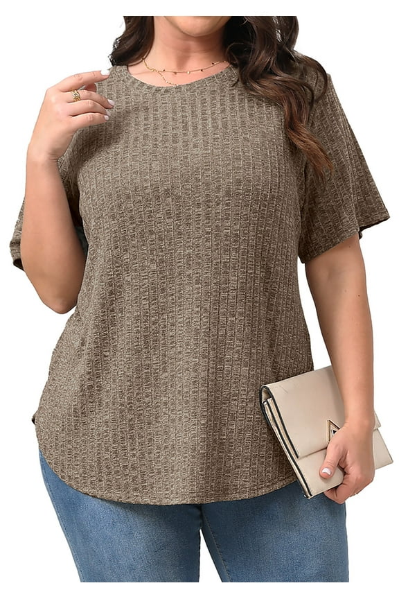 Womens Plus Size Tops Crewneck Short Sleeve Shirts Casual Loose Tunic Tops Curved Hem Summer Blouses