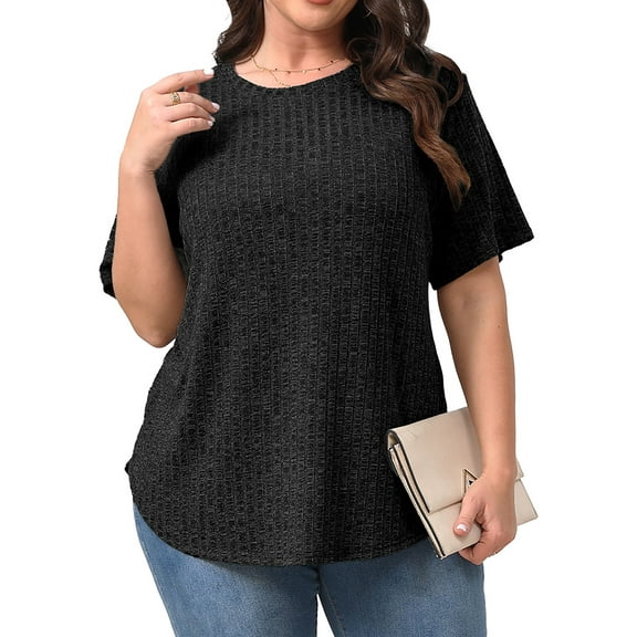 Fantaslook Womens Plus Size Tops Crewneck Short Sleeve Shirts Casual Loose Tunic Tops Curved Hem Summer Blouses
